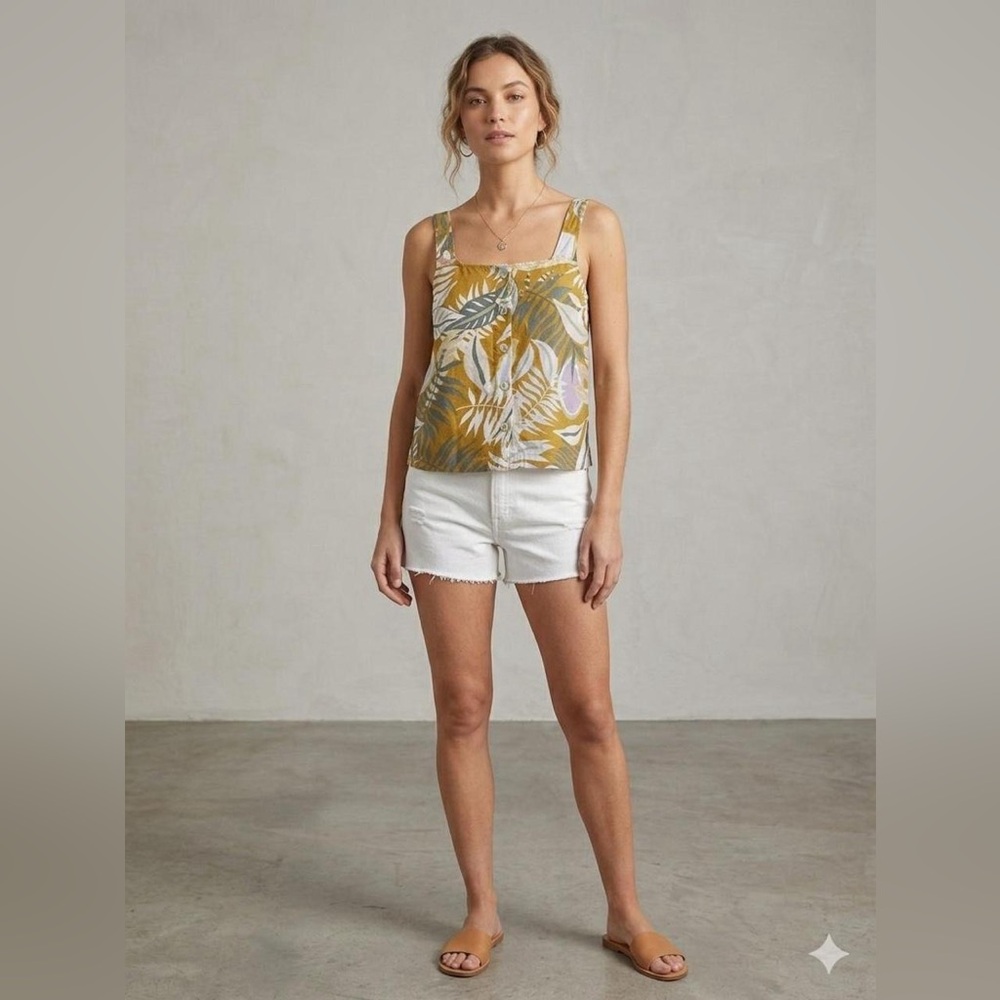 C&C California 100% Linen Tropical Floral Button Up Tank Top XS ✨  Boho